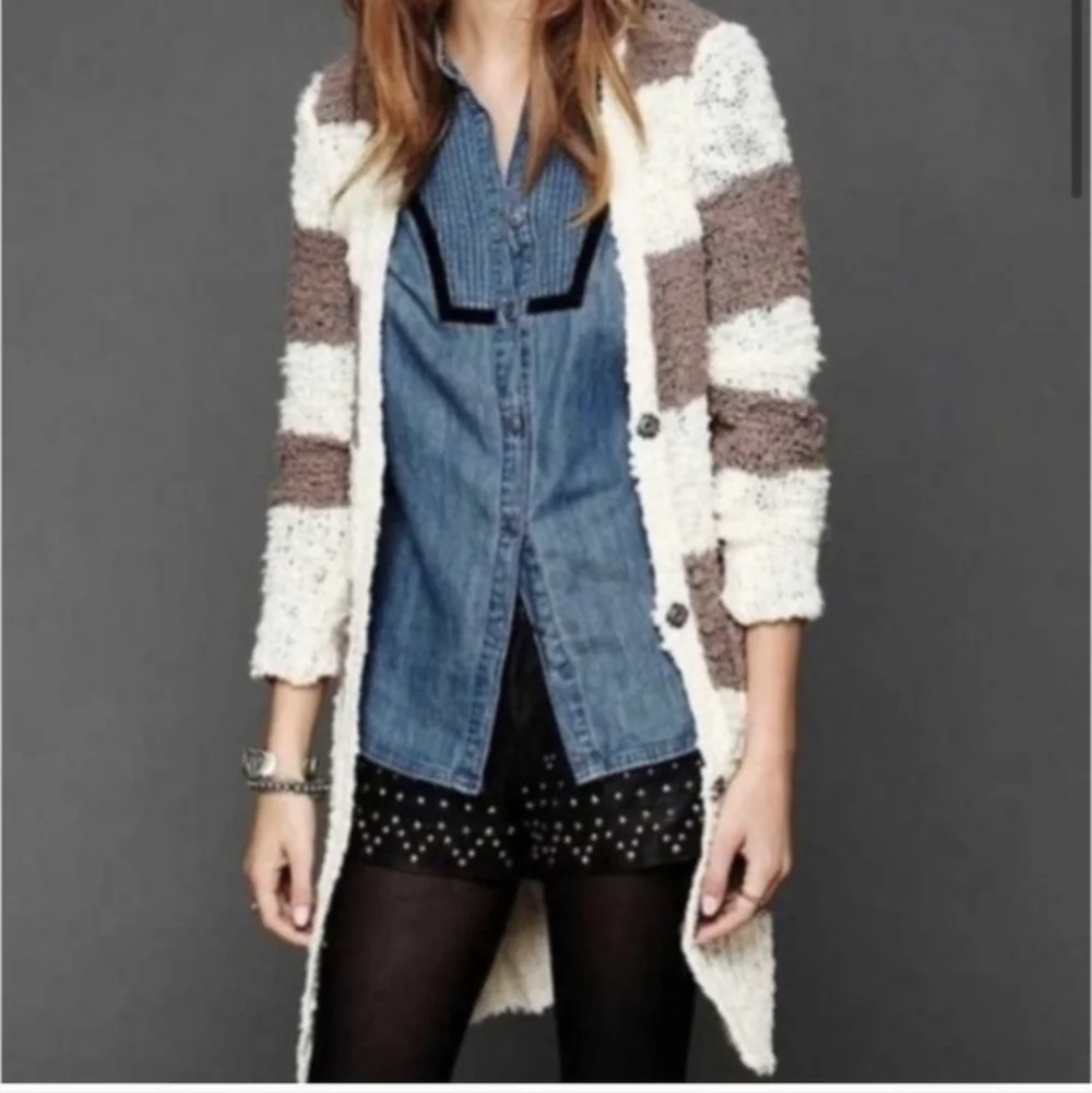 Free People Cuddle Bear Striped‎ Boucle Knit Longline Cardigan Sweater Medium